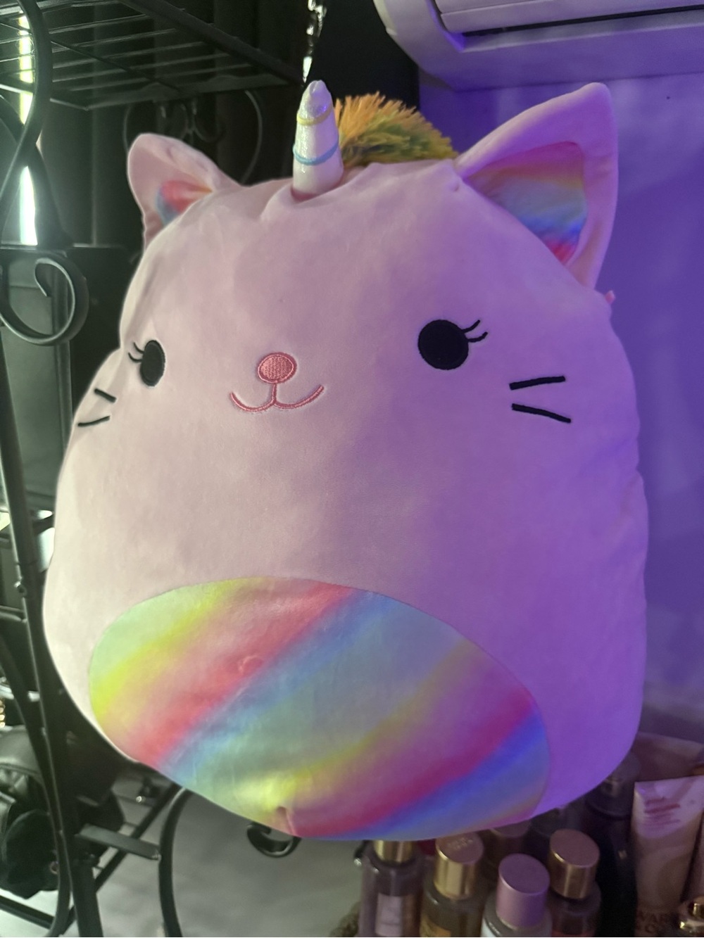 Squishmallows Pink Unicorn Cat Pillow with Rainbow Belly